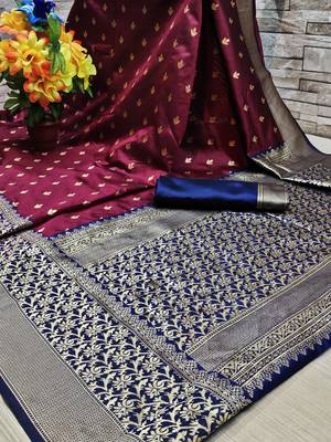 Dark blue woven banarasi saree with blouse 1