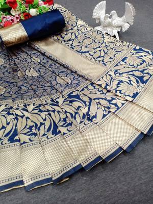Dark blue woven banarasi saree with blouse 1