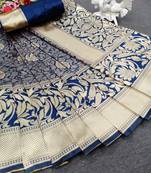 Dark blue woven banarasi saree with blouse