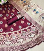 Maroon woven banarasi saree with blouse