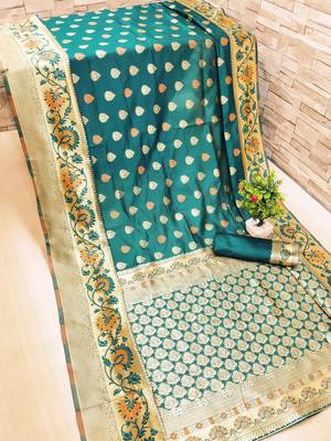 Turquoise woven banarasi saree with blouse 1