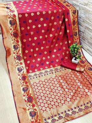 Red woven banarasi saree with blouse 1