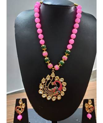 Pink Agate Peacock Necklace Set 1