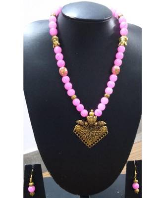 Pink Agate Peacock Necklace Set 1