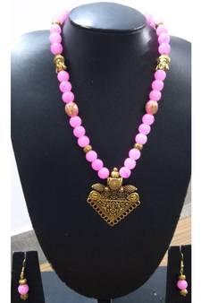 Pink Agate Peacock Necklace Set
