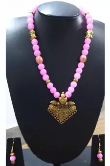 Pink Agate Peacock Necklace Set