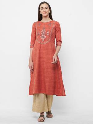 Orange embroidered chanderi embroidered-kurtis 1