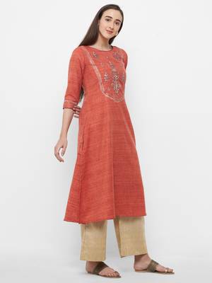Orange embroidered chanderi embroidered-kurtis 3