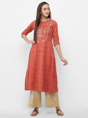 Orange embroidered chanderi embroidered-kurtis 4