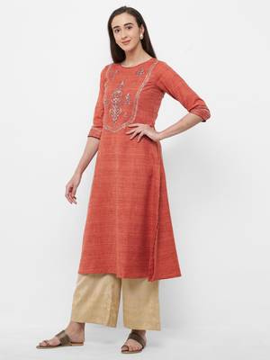 Orange embroidered chanderi embroidered-kurtis 5