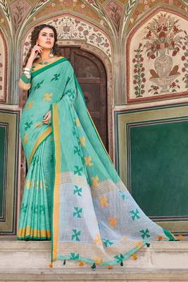 Green Linen Cotton Embroider Work Indian Wear Saree 1