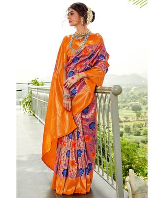 Pastel pink and orange zari woven handloom pure silk banarasi saree with blouse 1
