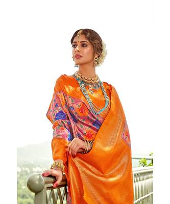 Pastel pink and orange zari woven handloom pure silk banarasi saree with blouse 2