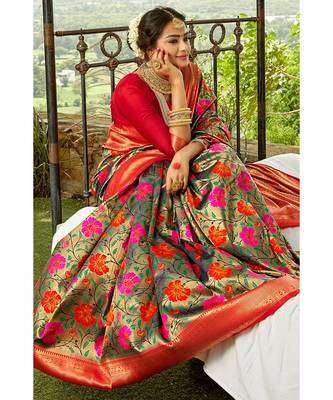 Tortilla brown red zari woven handloom pure silk banarasi saree with blouse 1