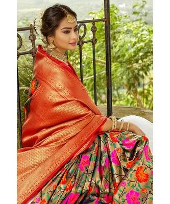 Tortilla brown red zari woven handloom pure silk banarasi saree with blouse 2