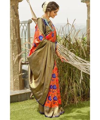 Orange navy blue zari woven handloom pure silk banarasi saree with blouse 1