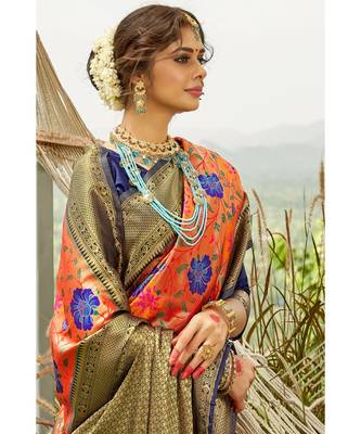 Orange navy blue zari woven handloom pure silk banarasi saree with blouse 2