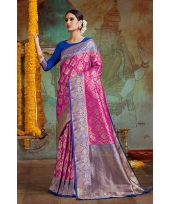 Hot pink blue woven Banarasi Kataan saree with blouse 1