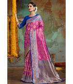 Hot pink blue woven Banarasi Kataan saree with blouse