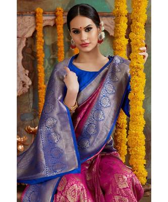 Hot pink blue woven Banarasi Kataan saree with blouse 2