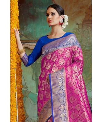 Hot pink blue woven Banarasi Kataan saree with blouse 3