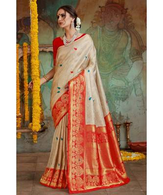 Off white red woven Banarasi Kataan saree with blouse 1
