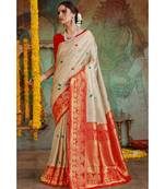 Off white red woven Banarasi Kataan saree with blouse