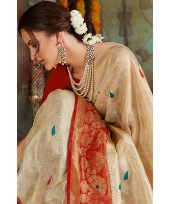 Off white red woven Banarasi Kataan saree with blouse 2