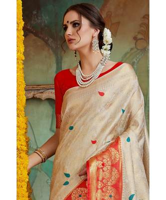 Off white red woven Banarasi Kataan saree with blouse 3