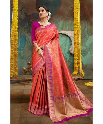 Reddish orange pink woven Banarasi Kataan saree with blouse 1