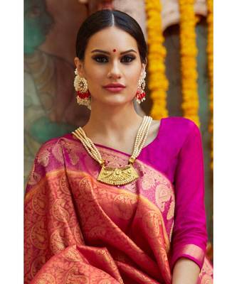 Reddish orange pink woven Banarasi Kataan saree with blouse 2