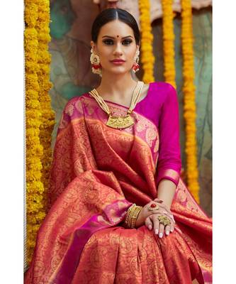 Reddish orange pink woven Banarasi Kataan saree with blouse 3
