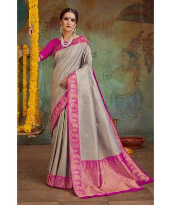 Grey pink woven Banarasi Kataan saree with blouse 1