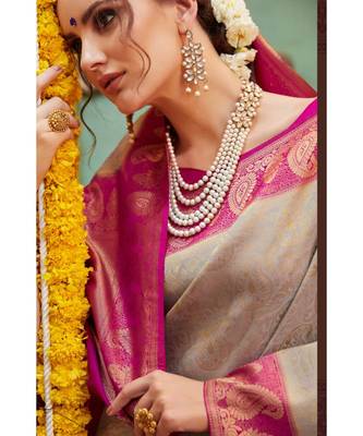 Grey pink woven Banarasi Kataan saree with blouse 2
