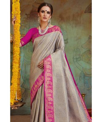 Grey pink woven Banarasi Kataan saree with blouse 3