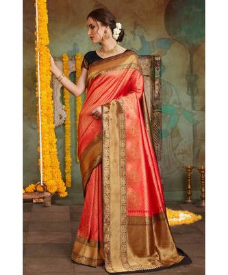 Red black woven Banarasi Kataan saree with blouse 1