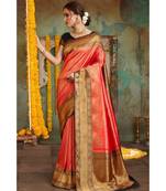 Red black woven Banarasi Kataan saree with blouse