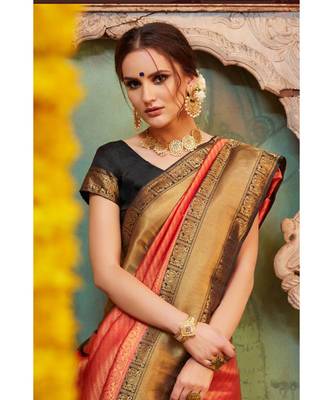 Red black woven Banarasi Kataan saree with blouse 2