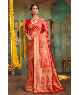Red woven Banarasi Kataan saree with blouse 1
