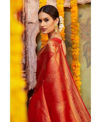 Red woven Banarasi Kataan saree with blouse 2