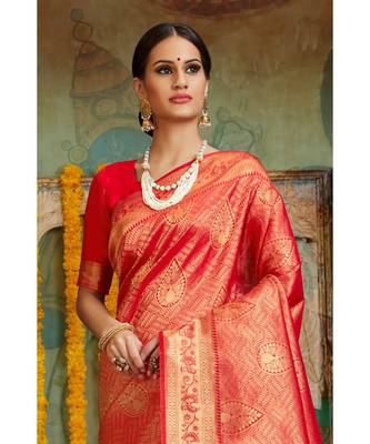 Red woven Banarasi Kataan saree with blouse 3