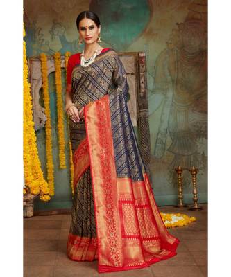 Navy blue red woven Banarasi Kataan saree with blouse 1