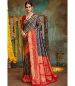 Navy blue red woven Banarasi Kataan saree with blouse