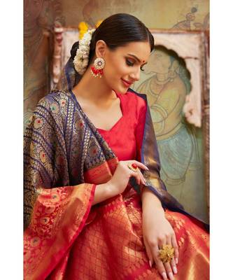 Navy blue red woven Banarasi Kataan saree with blouse 2