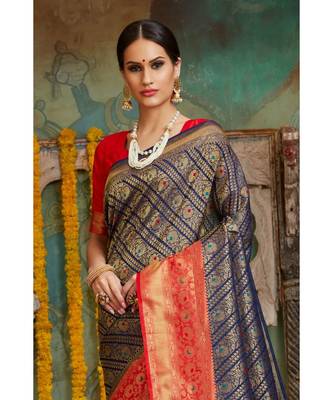 Navy blue red woven Banarasi Kataan saree with blouse 3