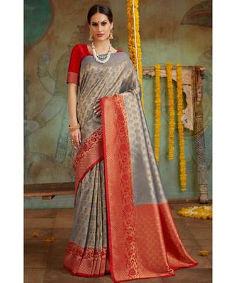 Grey red woven Banarasi Kataan saree with blouse 1
