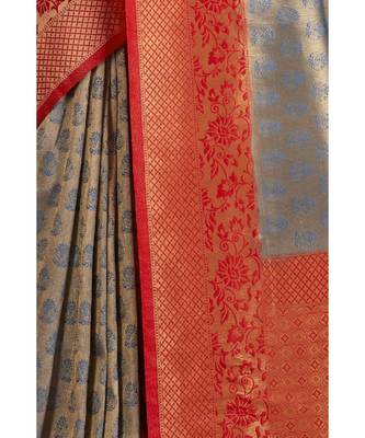 Grey red woven Banarasi Kataan saree with blouse 2