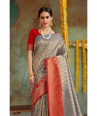 Grey red woven Banarasi Kataan saree with blouse 3