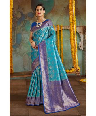 Sky blue woven Banarasi Kataan saree with blouse 1