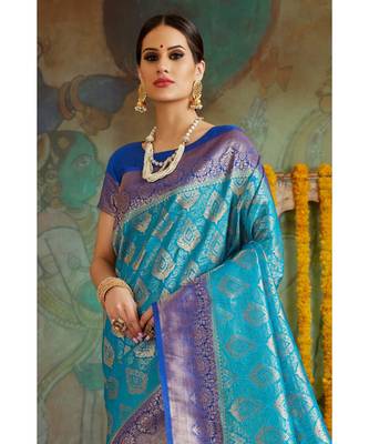 Sky blue woven Banarasi Kataan saree with blouse 3